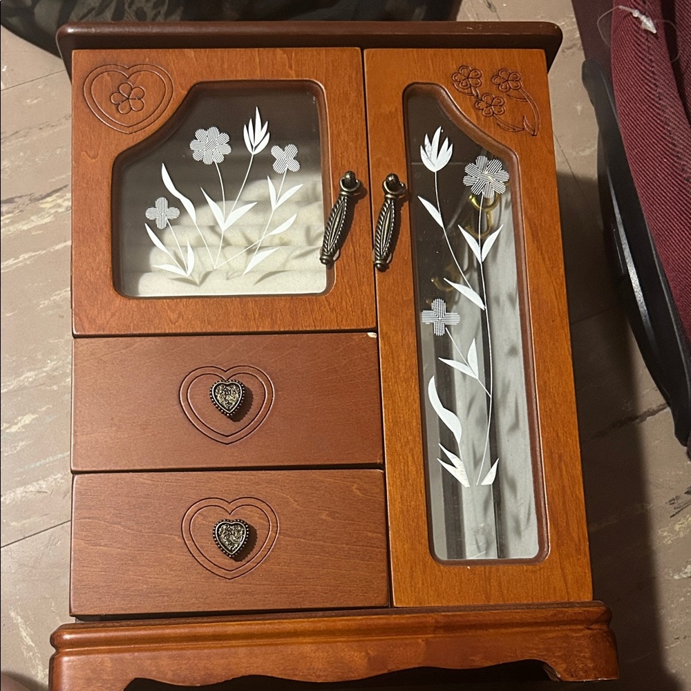 Wooden Jewelry Box with Floral Design
